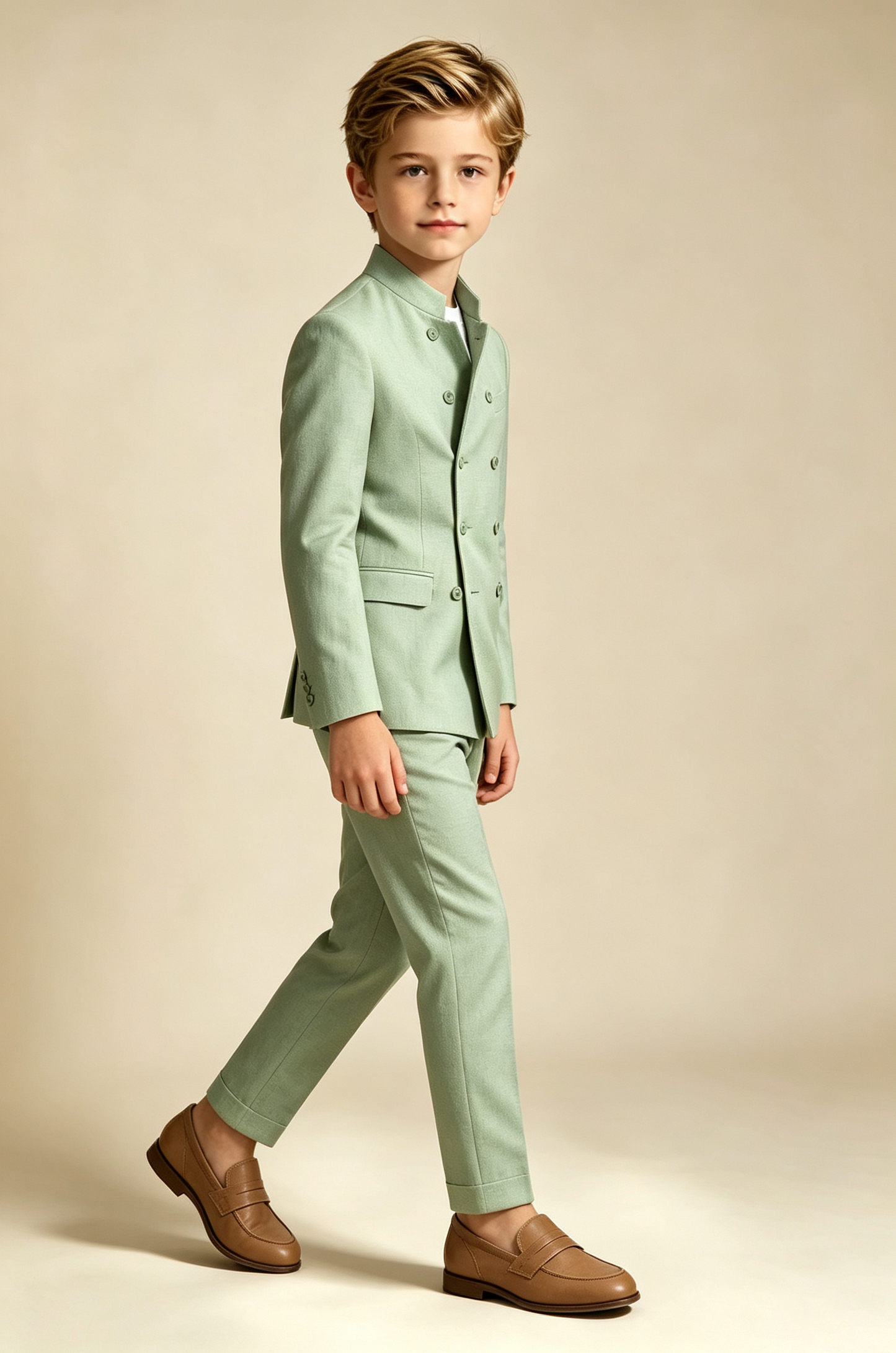 Sage Green Cotton Linen-Blend Mandarin Stand Collar Double Breasted 2-Piece Suit