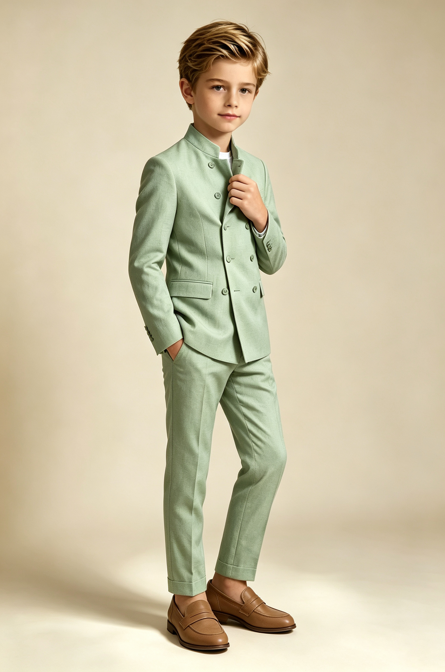 Sage Green Cotton Linen-Blend Mandarin Stand Collar Double Breasted 2-Piece Suit