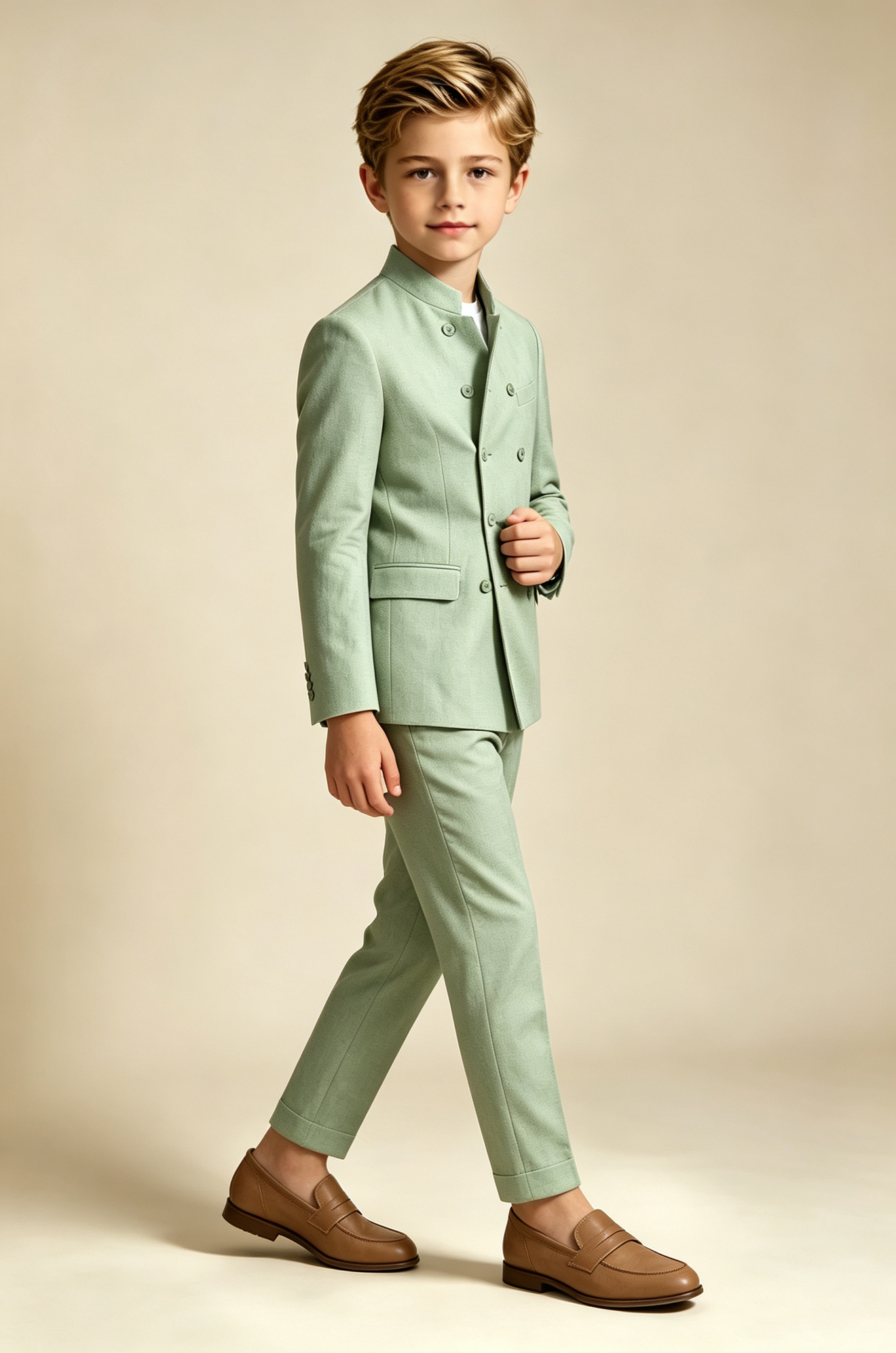 Sage Green Cotton Linen-Blend Mandarin Stand Collar Double Breasted 2-Piece Suit