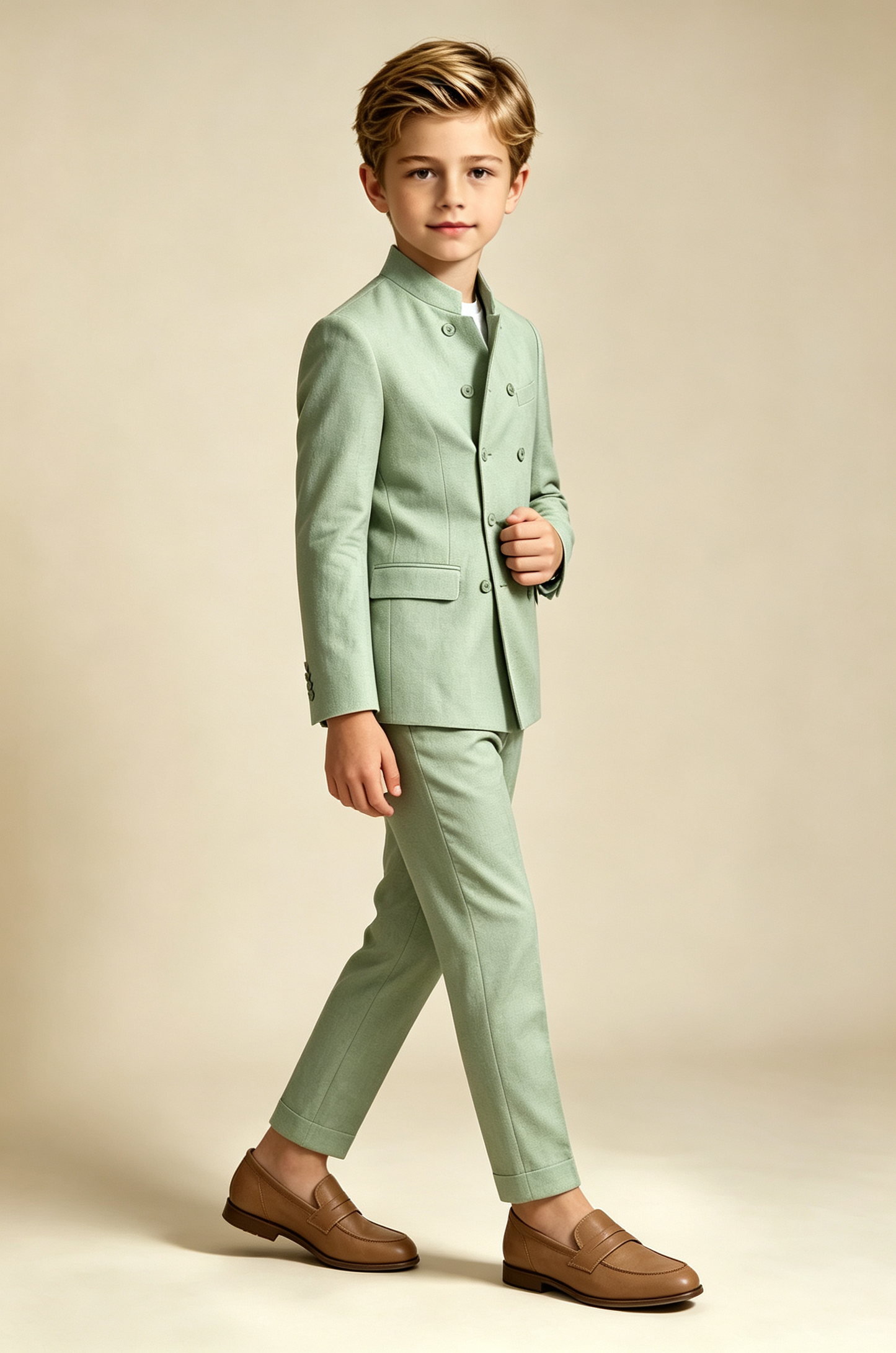 Sage Green Cotton Linen-Blend Mandarin Stand Collar Double Breasted 2-Piece Suit