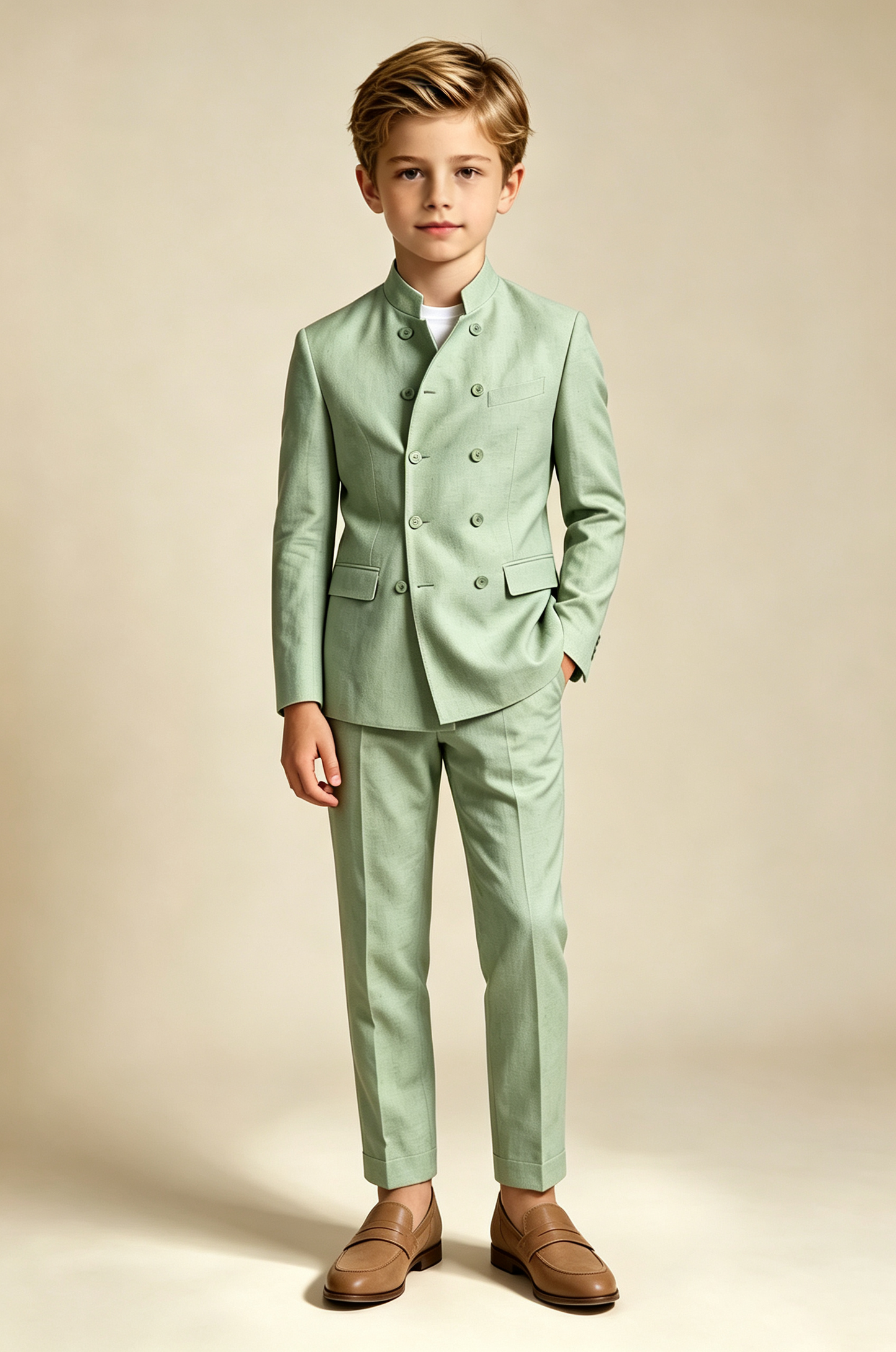 Sage Green Cotton Linen-Blend Mandarin Stand Collar Double Breasted 2-Piece Suit