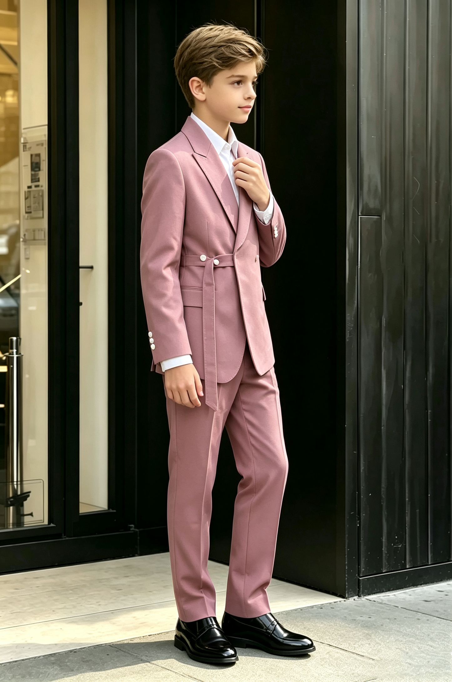 Deep Dusty Pink Cotton Linen-Blend Adjustable Side Waist Tie Buckle 2-Piece Suit