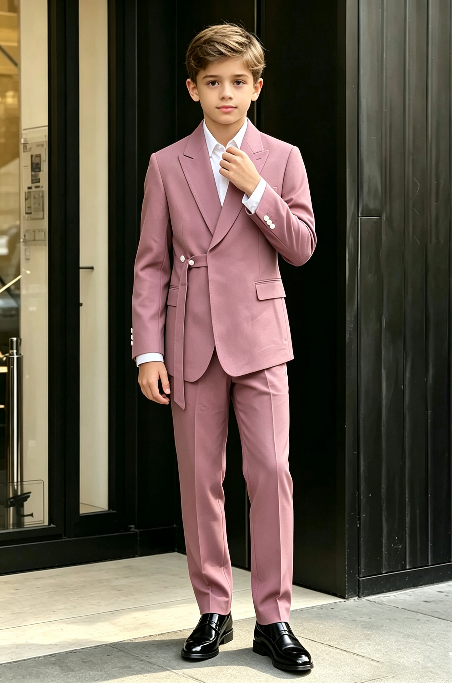 Deep Dusty Pink Cotton Linen-Blend Adjustable Side Waist Tie Buckle 2-Piece Suit