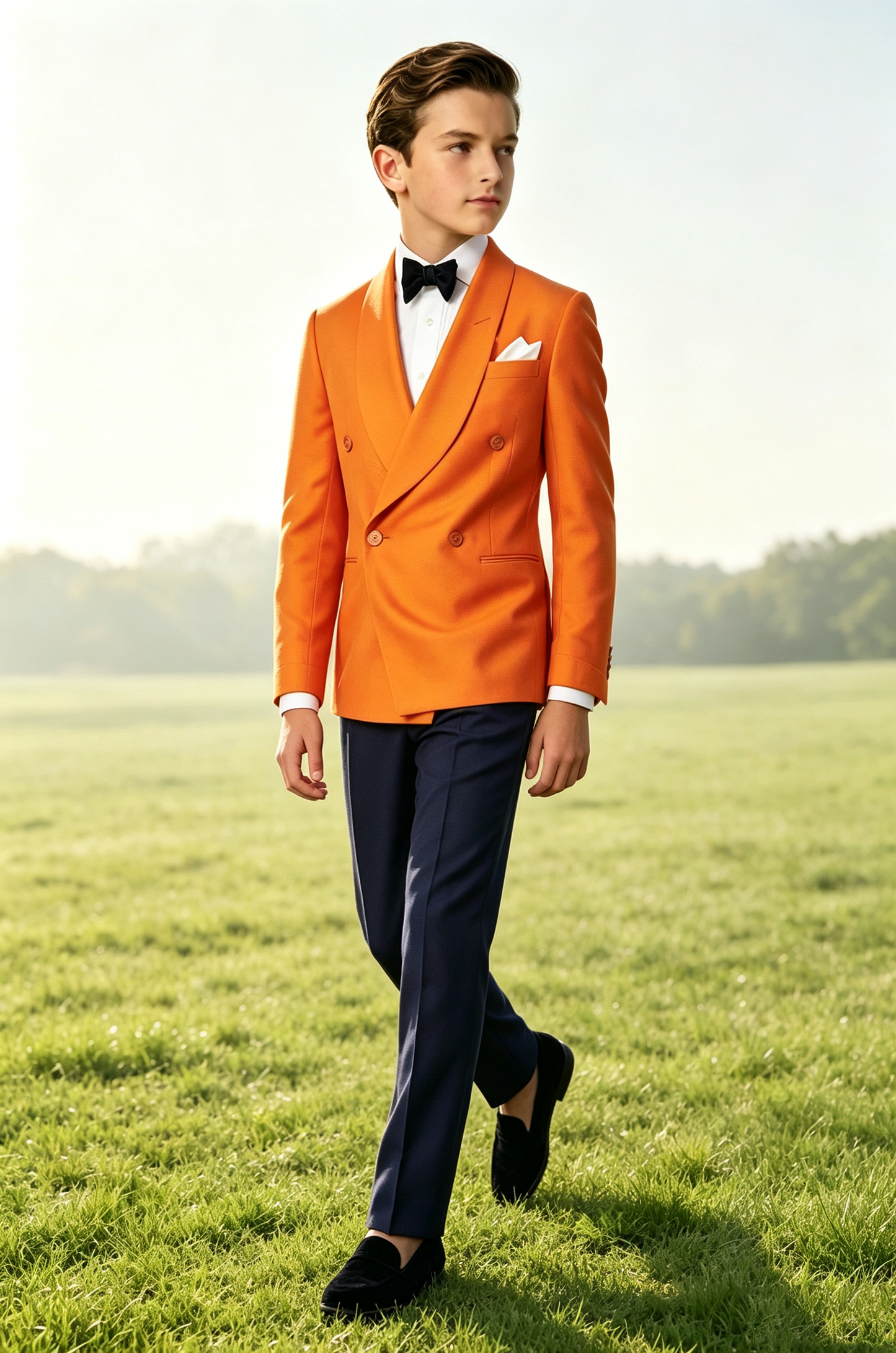 Tangerine & Navy Contrast Twill-Blend Shawl Lapel Double Breasted 2-Piece Suit