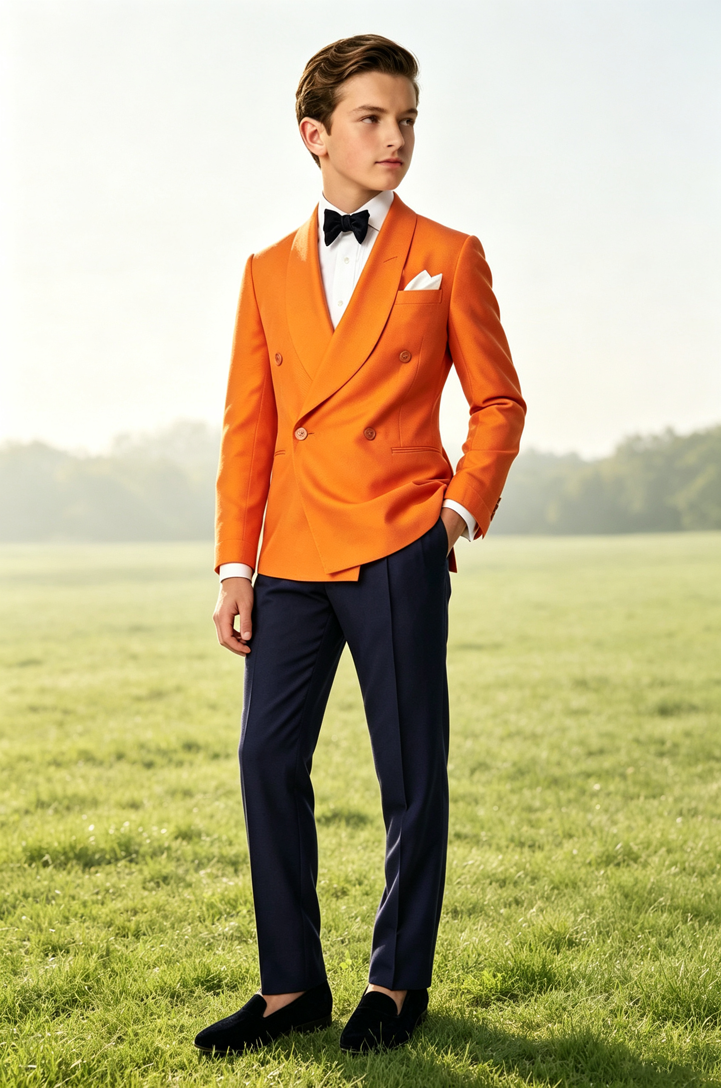Tangerine & Navy Contrast Twill-Blend Shawl Lapel Double Breasted 2-Piece Suit