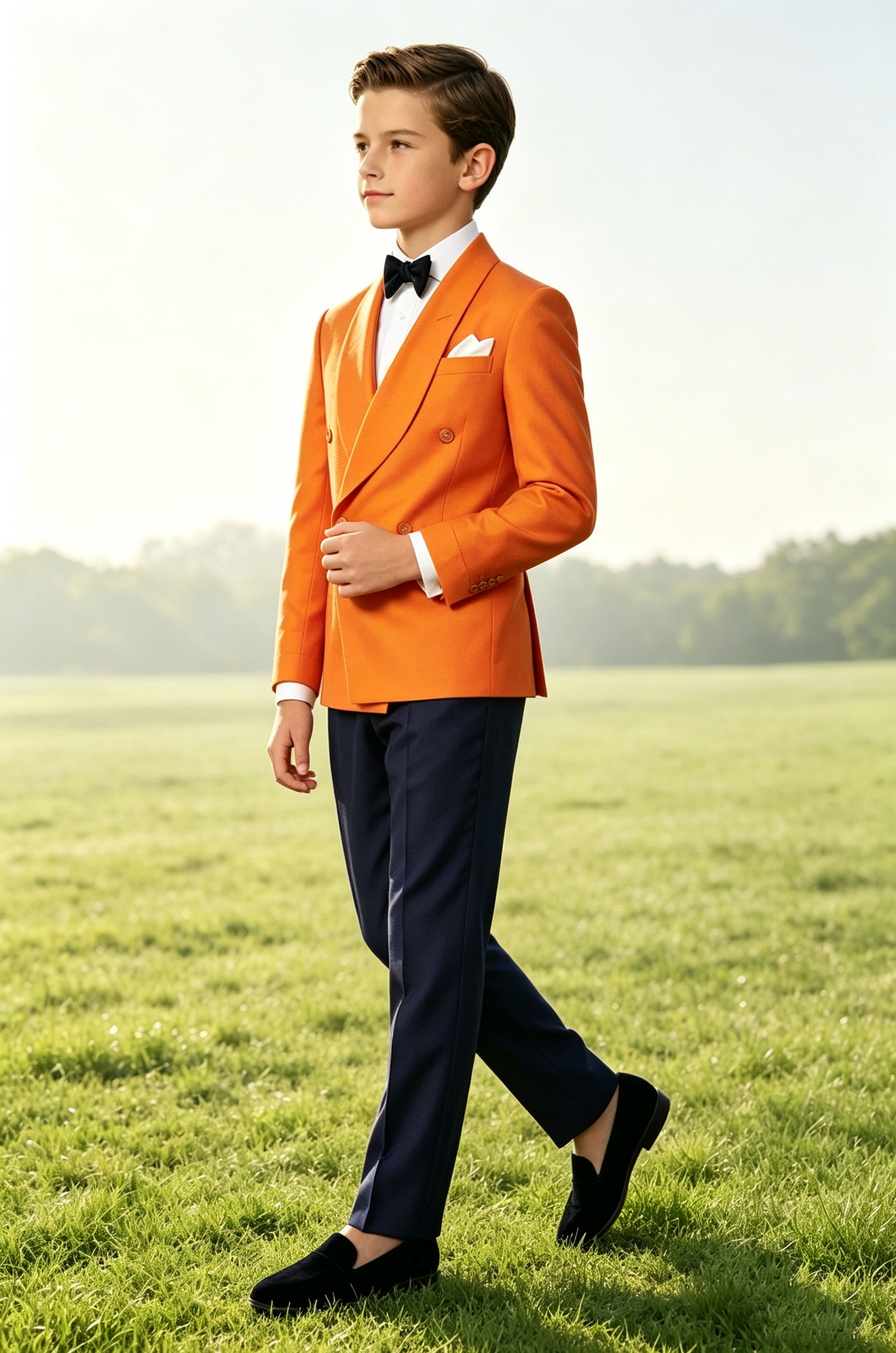 Tangerine & Navy Contrast Twill-Blend Shawl Lapel Double Breasted 2-Piece Suit