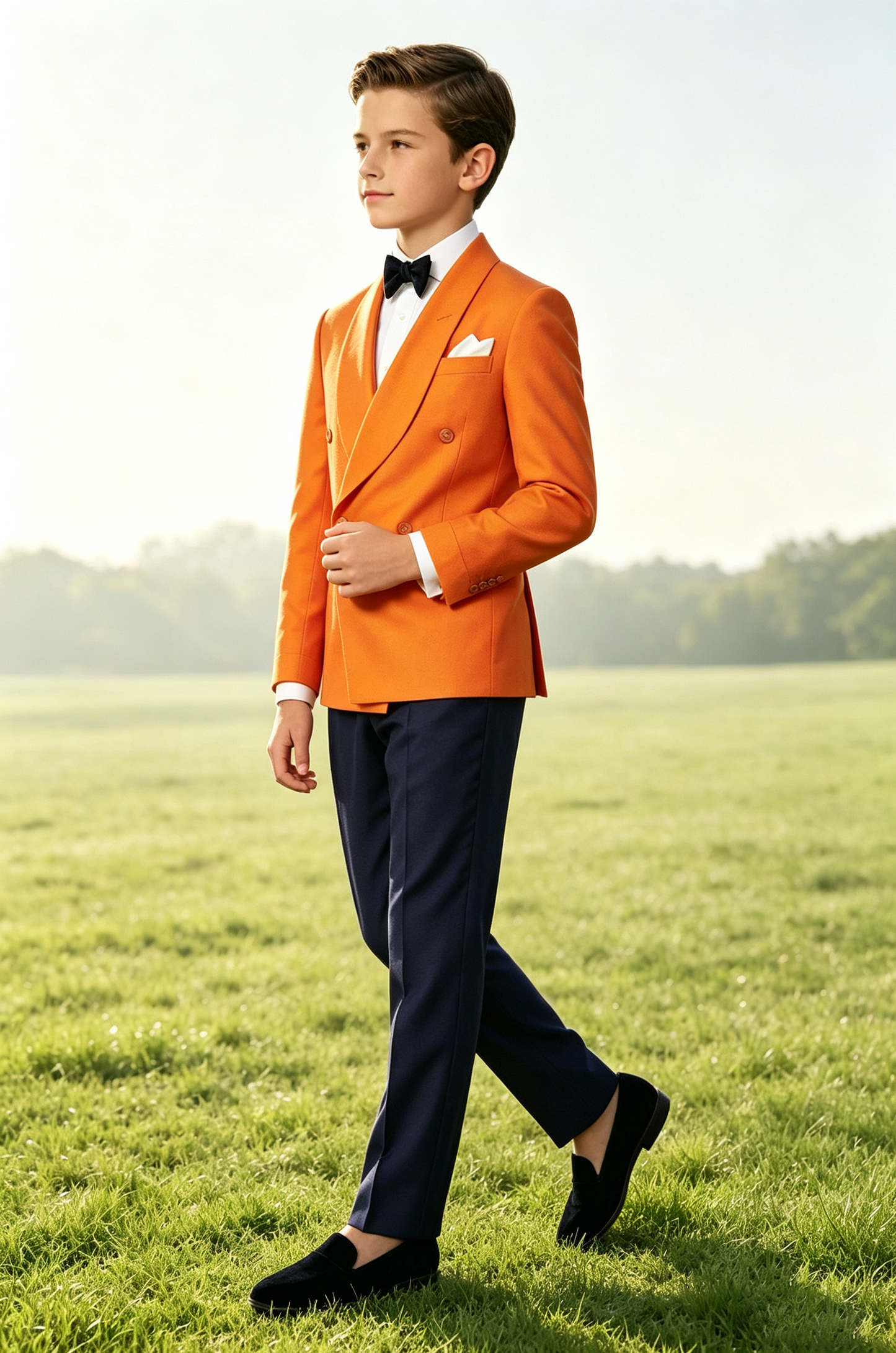 Tangerine & Navy Contrast Twill-Blend Shawl Lapel Double Breasted 2-Piece Suit