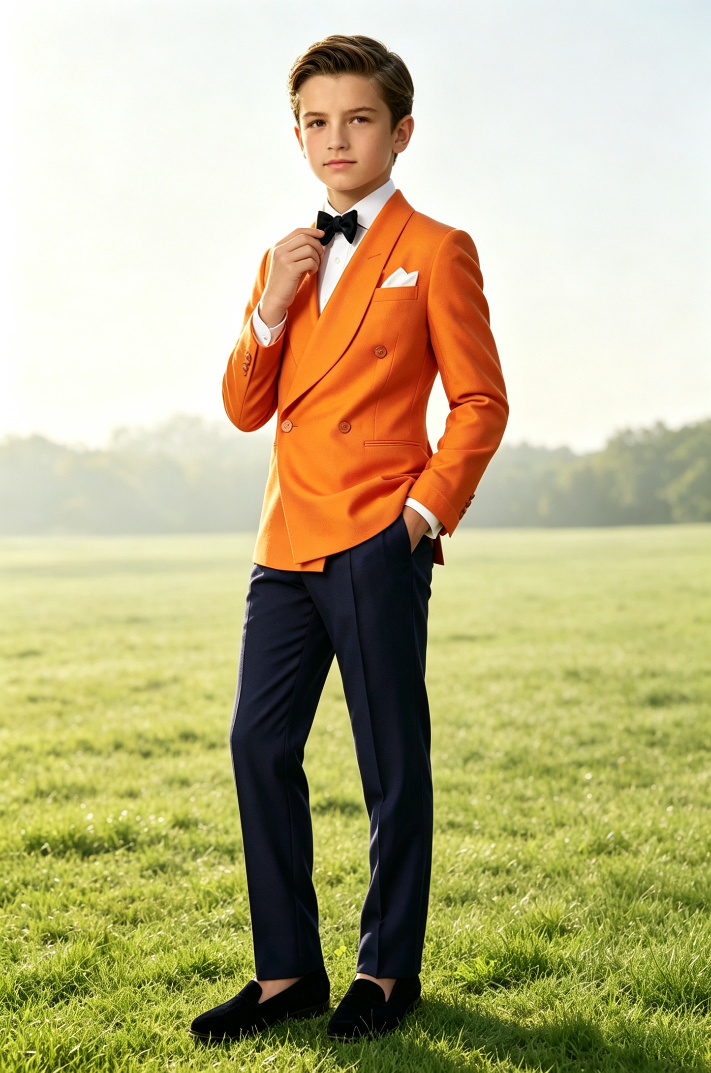 Tangerine & Navy Contrast Twill-Blend Shawl Lapel Double Breasted 2-Piece Suit