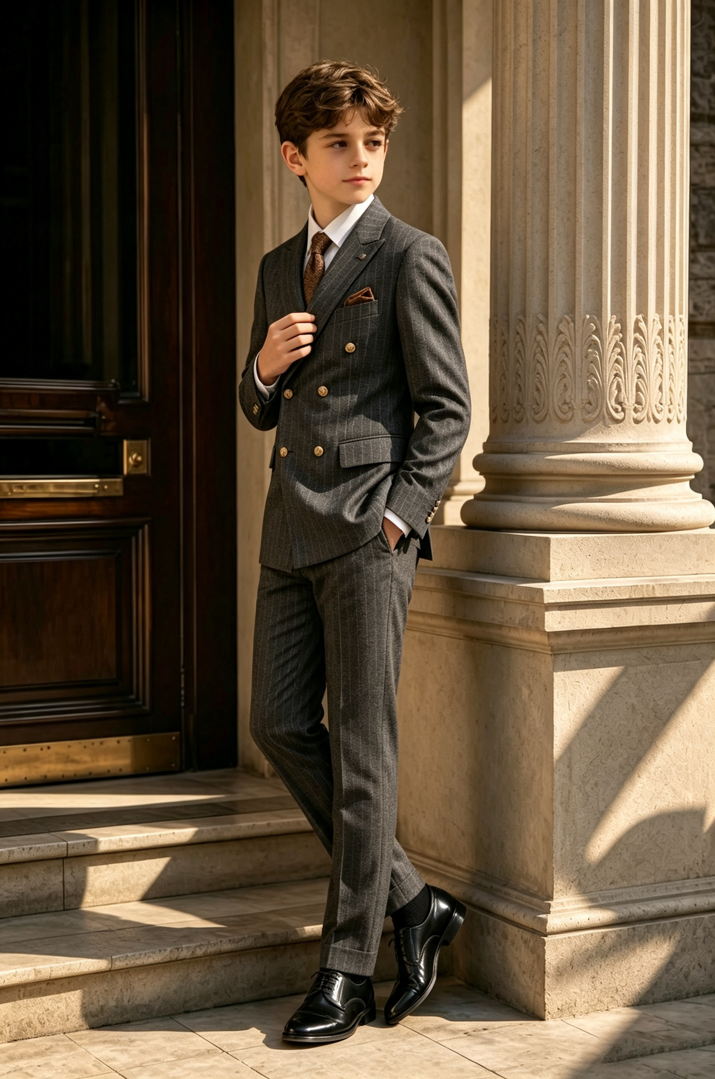 Dark Grey Pinstripe Serge Blend Double Breasted Formal Outfit 2-Piece Suit