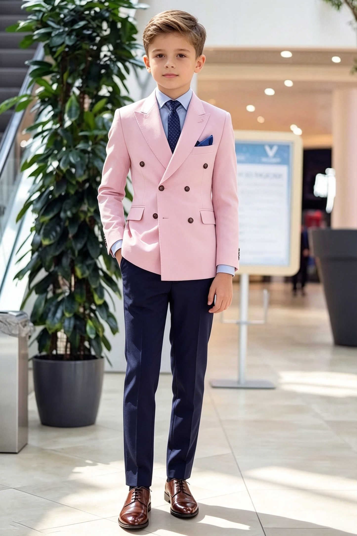 Light Pink & Navy Serge‑Blend Double‑Breasted 2‑Piece Suit