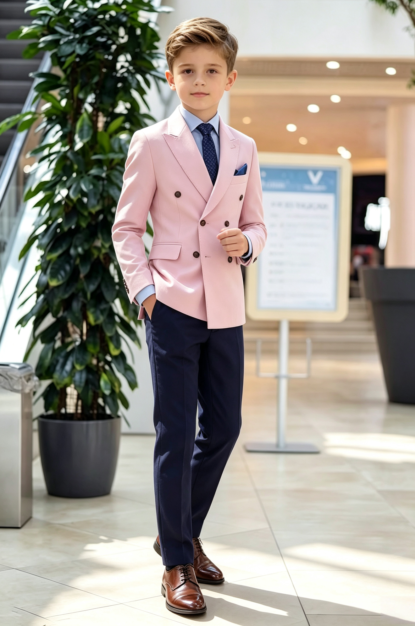 Light Pink & Navy Serge‑Blend Double‑Breasted 2‑Piece Suit