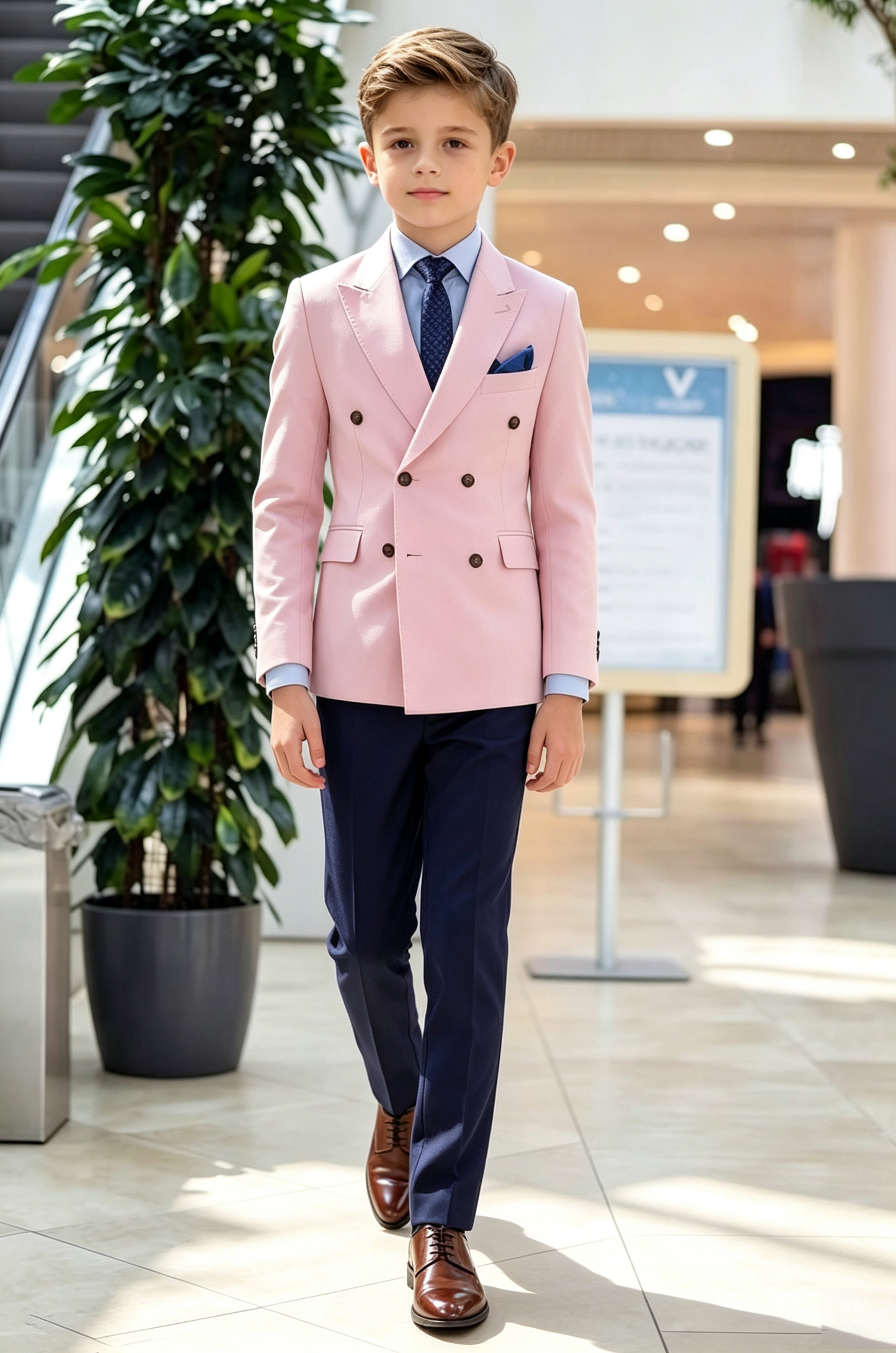 Light Pink & Navy Serge‑Blend Double‑Breasted 2‑Piece Suit