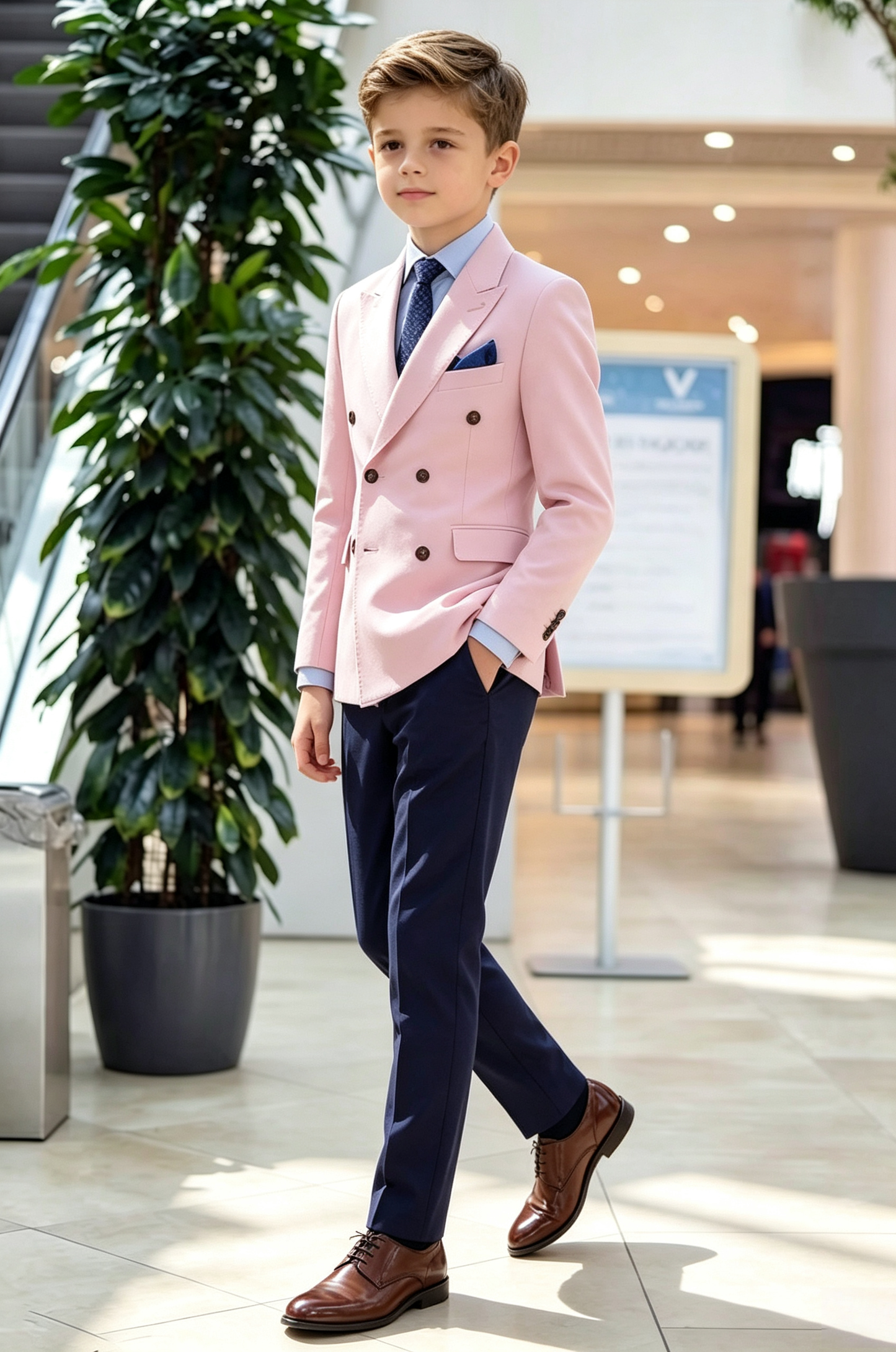 Light Pink & Navy Serge‑Blend Double‑Breasted 2‑Piece Suit
