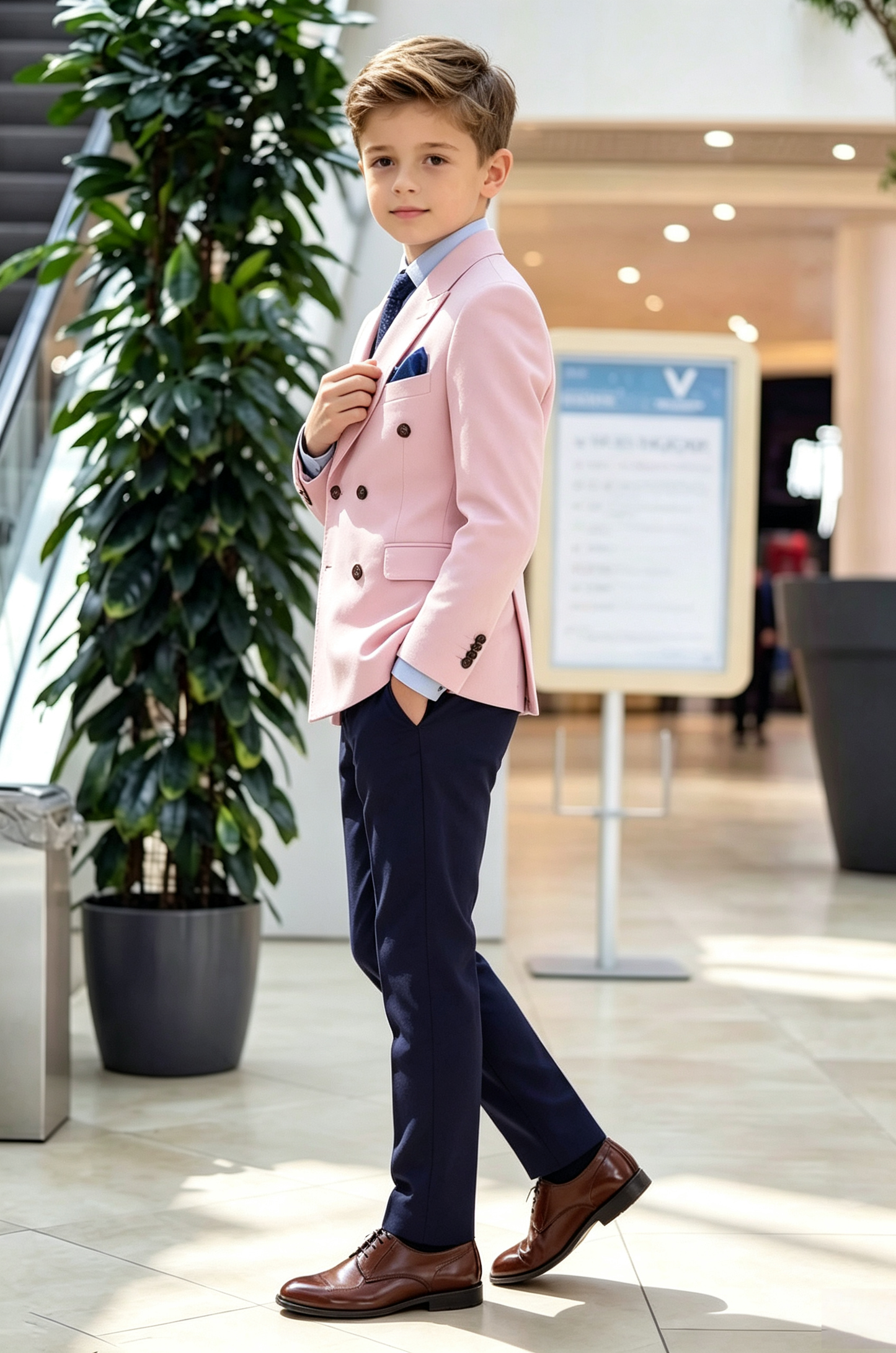 Light Pink & Navy Serge‑Blend Double‑Breasted 2‑Piece Suit