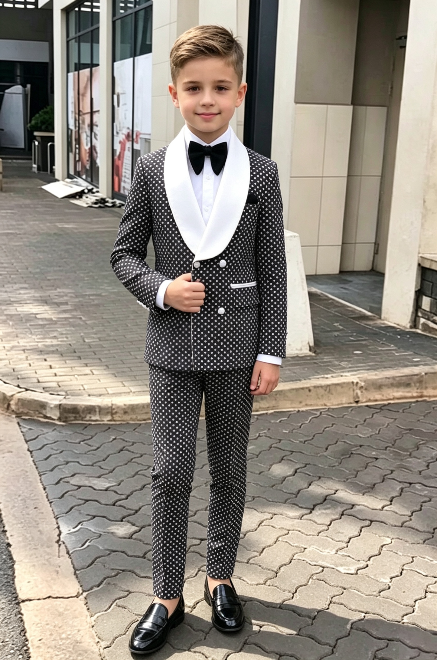 Black Serge‑Blend White Polka‑Dot Double‑Breasted 2‑Piece Suit