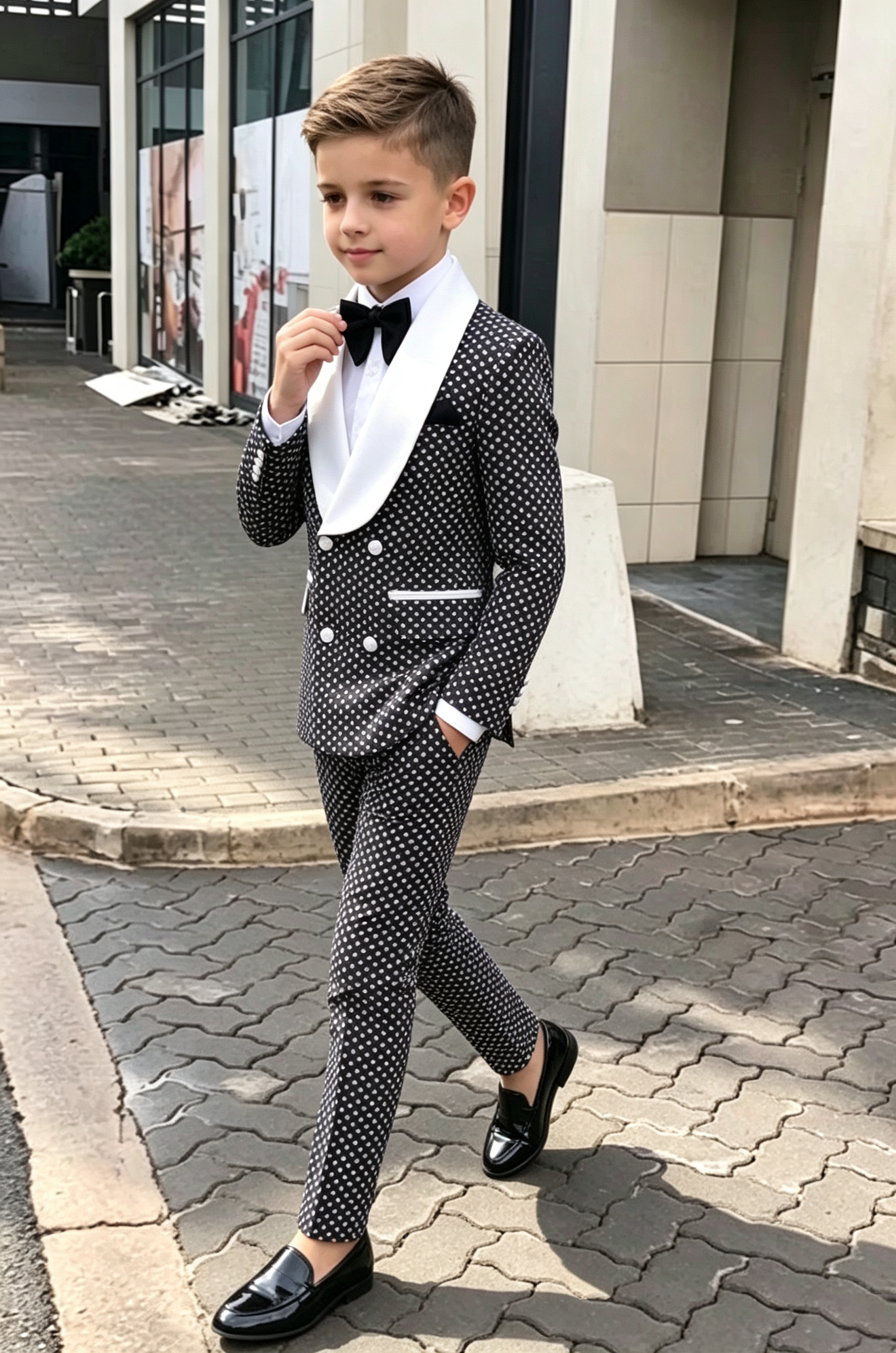 Black Serge‑Blend White Polka‑Dot Double‑Breasted 2‑Piece Suit