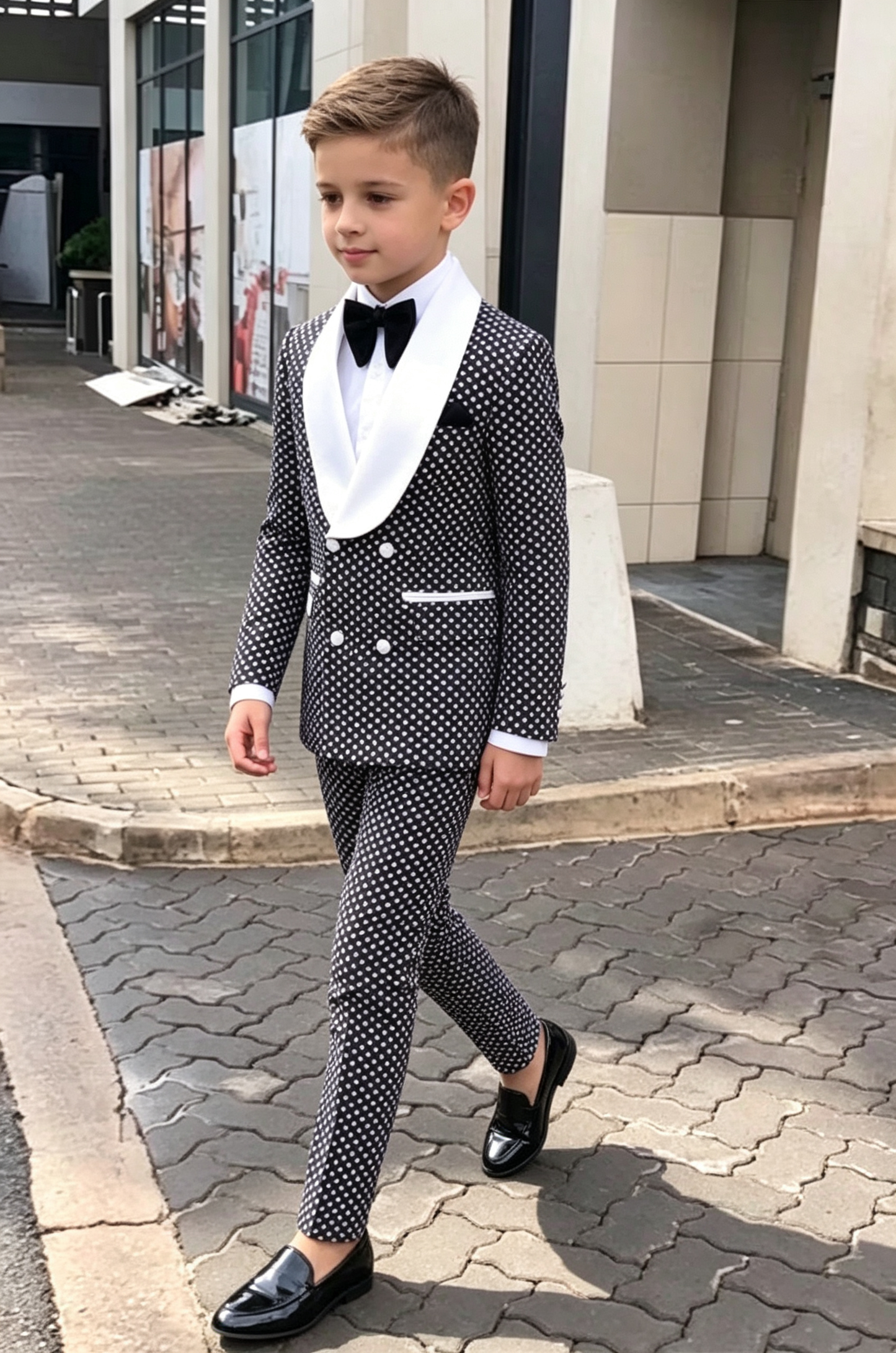 Black Serge‑Blend White Polka‑Dot Double‑Breasted 2‑Piece Suit