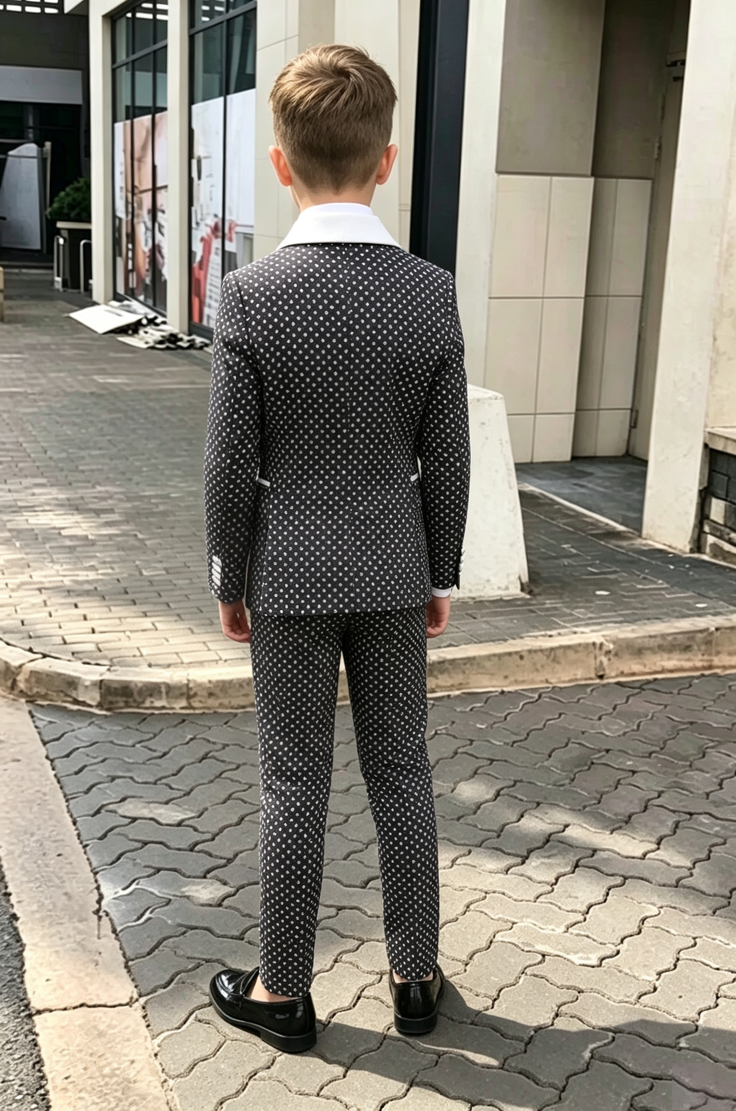 Black Serge‑Blend White Polka‑Dot Double‑Breasted 2‑Piece Suit
