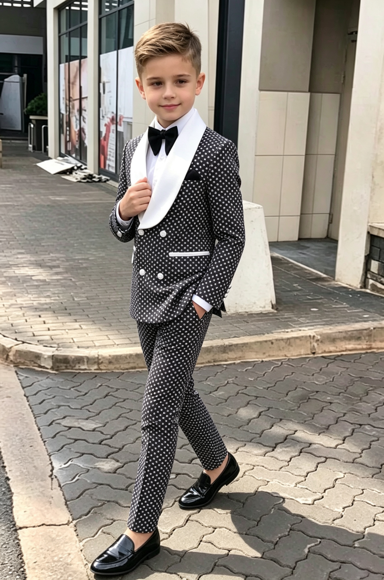 Black Serge‑Blend White Polka‑Dot Double‑Breasted 2‑Piece Suit