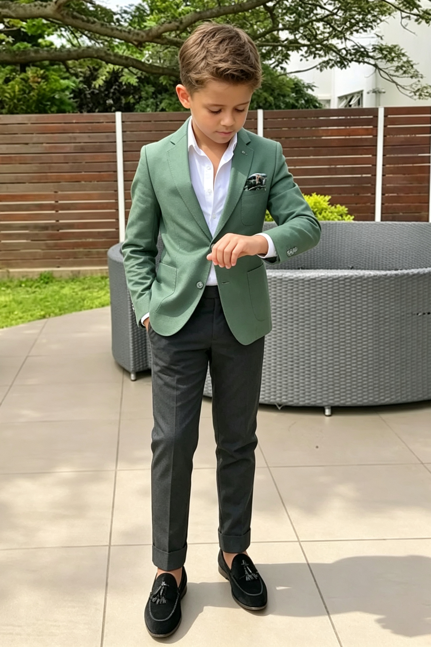 Green & Dark‑Grey Cotton‑Linen Blend Single‑Breasted 2‑Piece Suit