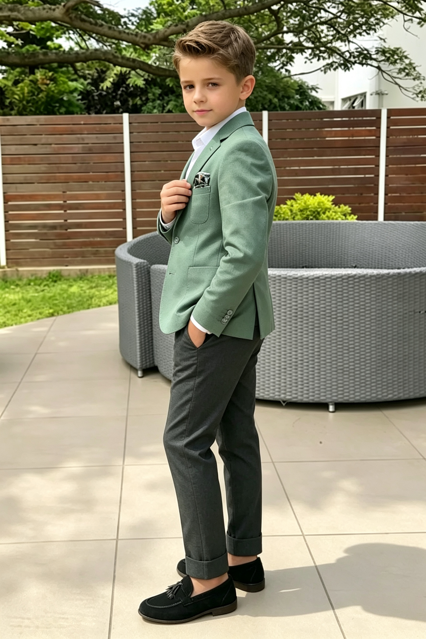 Green & Dark‑Grey Cotton‑Linen Blend Single‑Breasted 2‑Piece Suit
