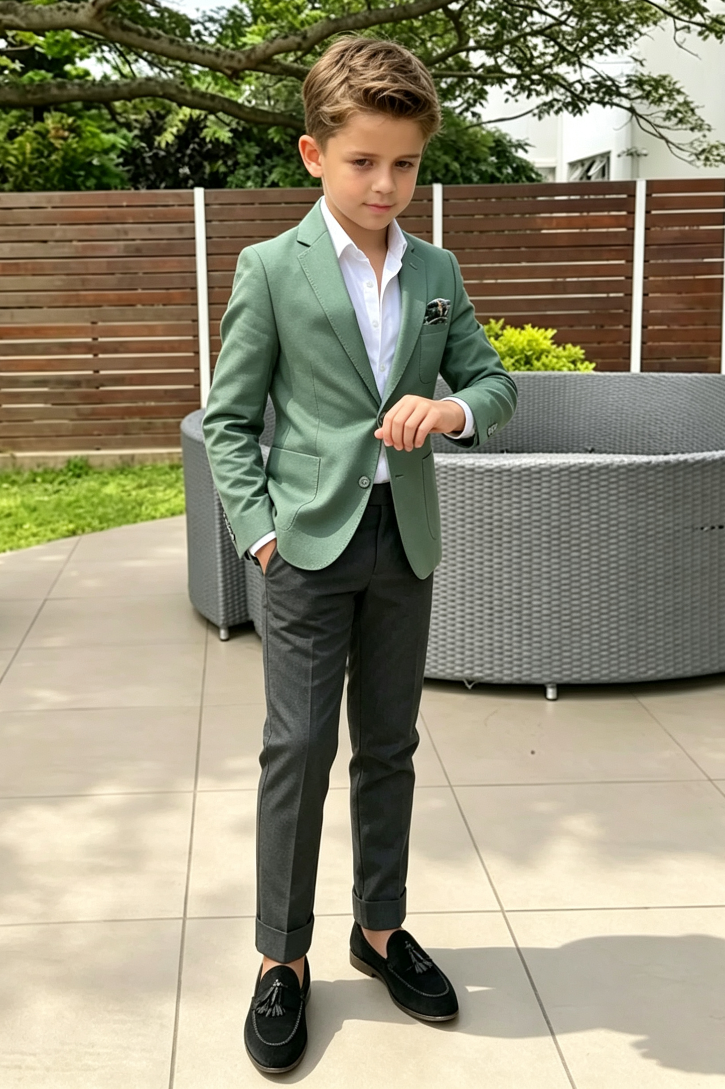 Green & Dark‑Grey Cotton‑Linen Blend Single‑Breasted 2‑Piece Suit