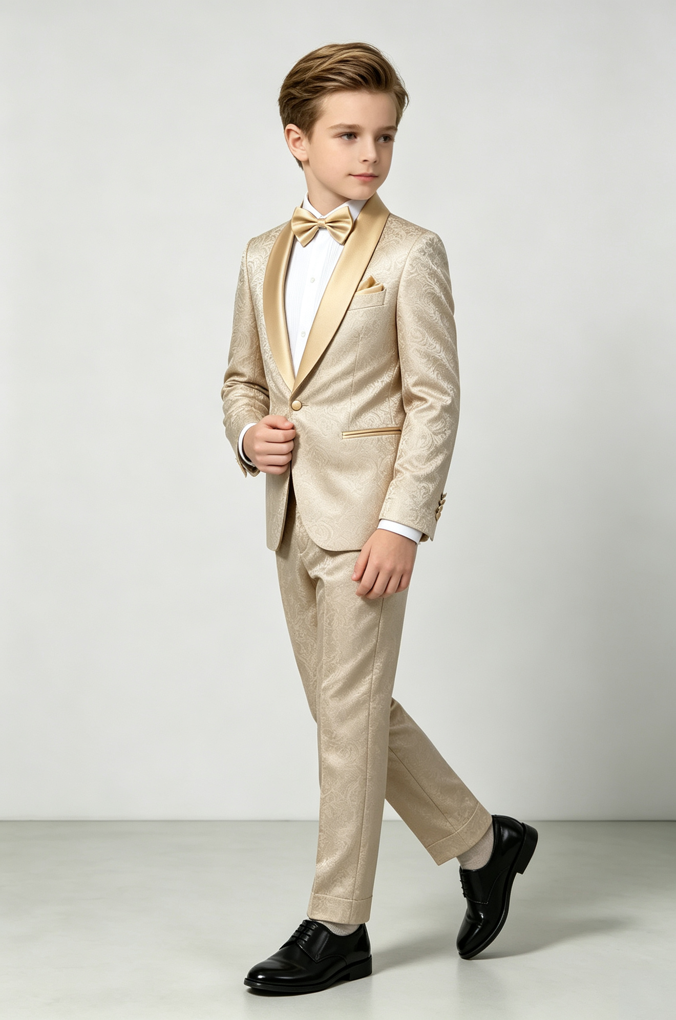 Champagne Satin Jacquard Single‑Breasted Formal Tuxedo 2‑Piece Suit