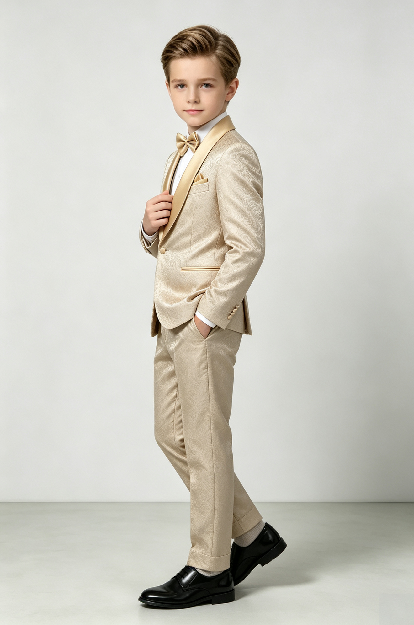 Champagne Satin Jacquard Single‑Breasted Formal Tuxedo 2‑Piece Suit
