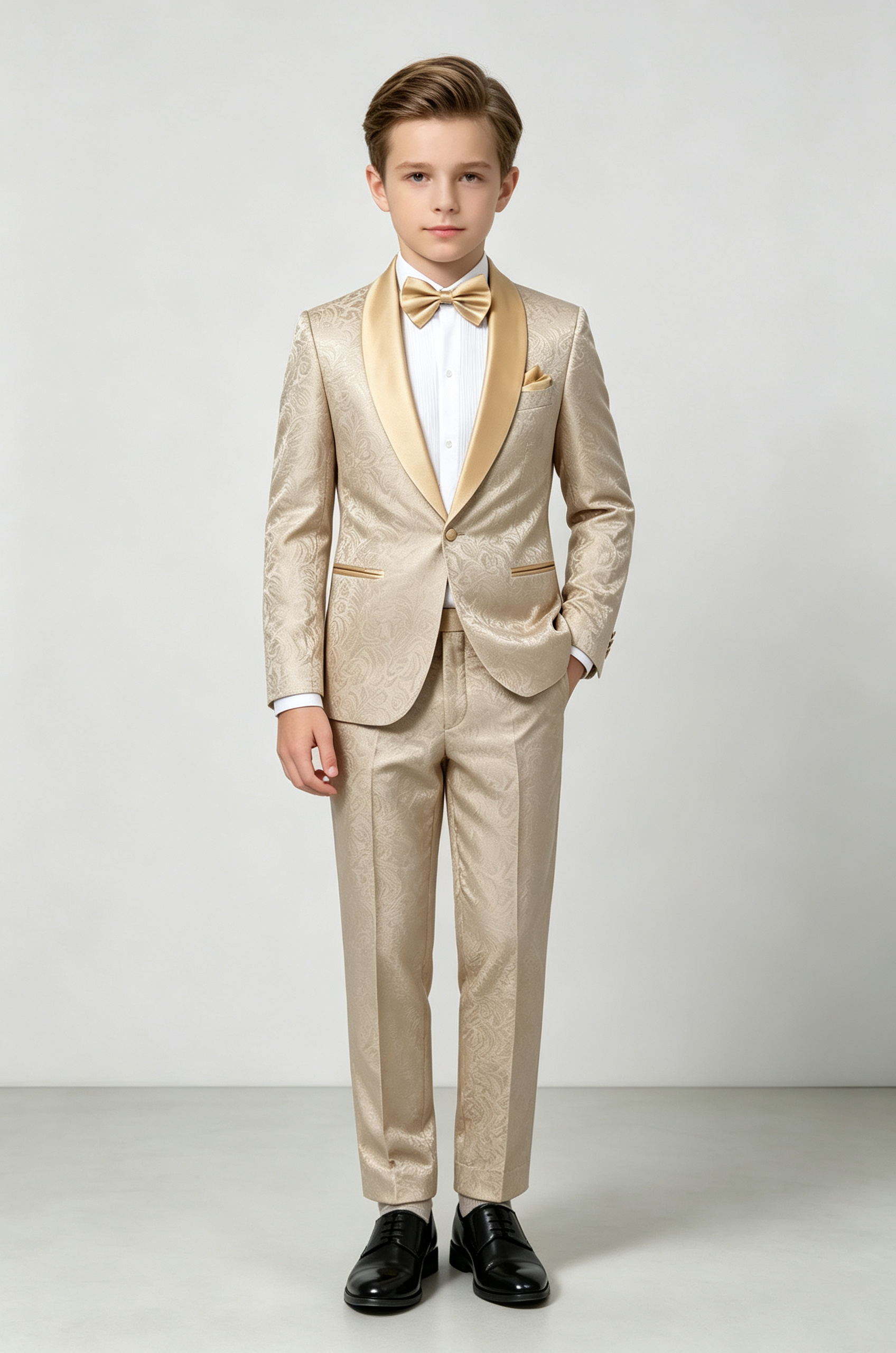 Champagne Satin Jacquard Single‑Breasted Formal Tuxedo 2‑Piece Suit