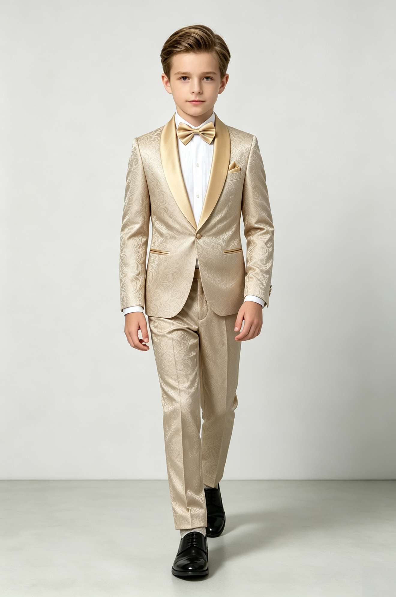Champagne Satin Jacquard Single‑Breasted Formal Tuxedo 2‑Piece Suit
