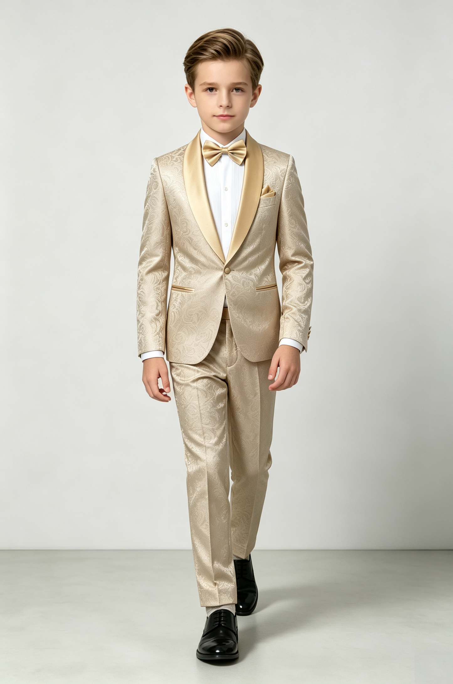 Champagne Satin Jacquard Single‑Breasted Formal Tuxedo 2‑Piece Suit