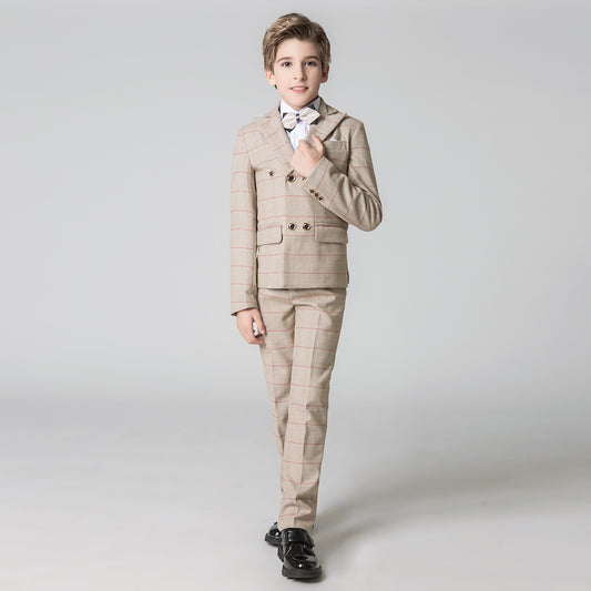 Khaki Plaid Elegant Formal 5 Piece Boys Suits