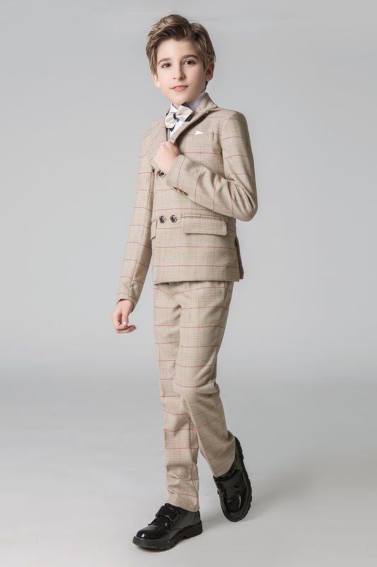 Khaki Plaid Elegant Formal 5 Piece Boys Suits