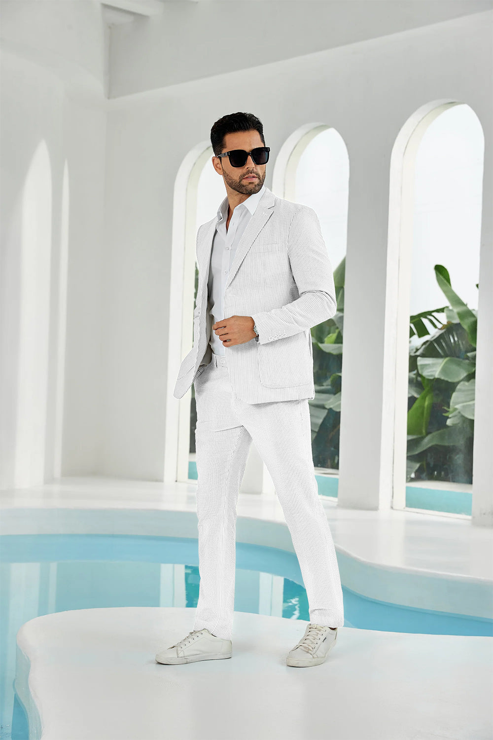 Seersucker Striped Blazer Pants 2 Piece Men's Summer Suit