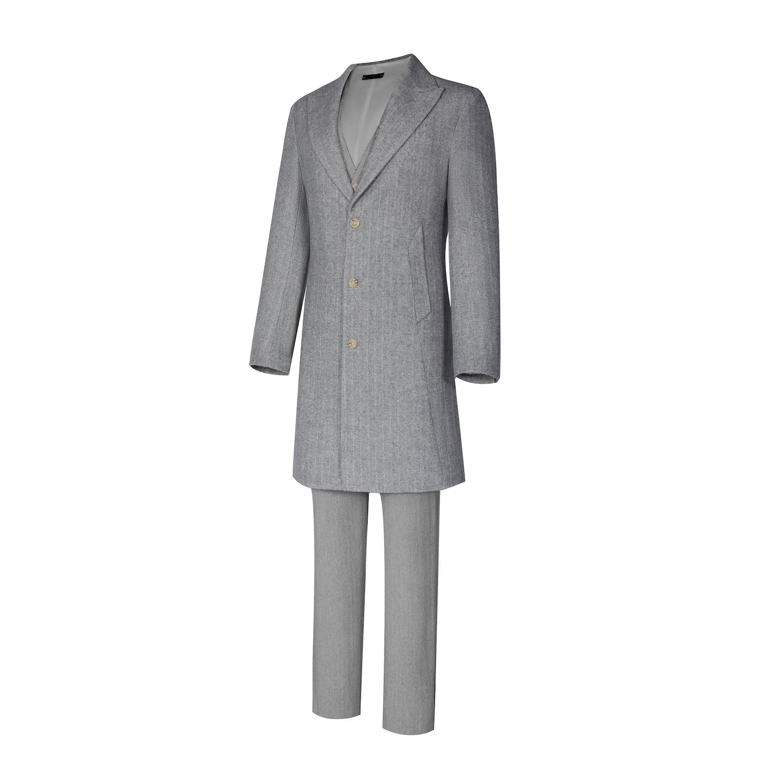 Retro Tweed Herringbone Long Blazer 3 Pieces Mens Suits 3690