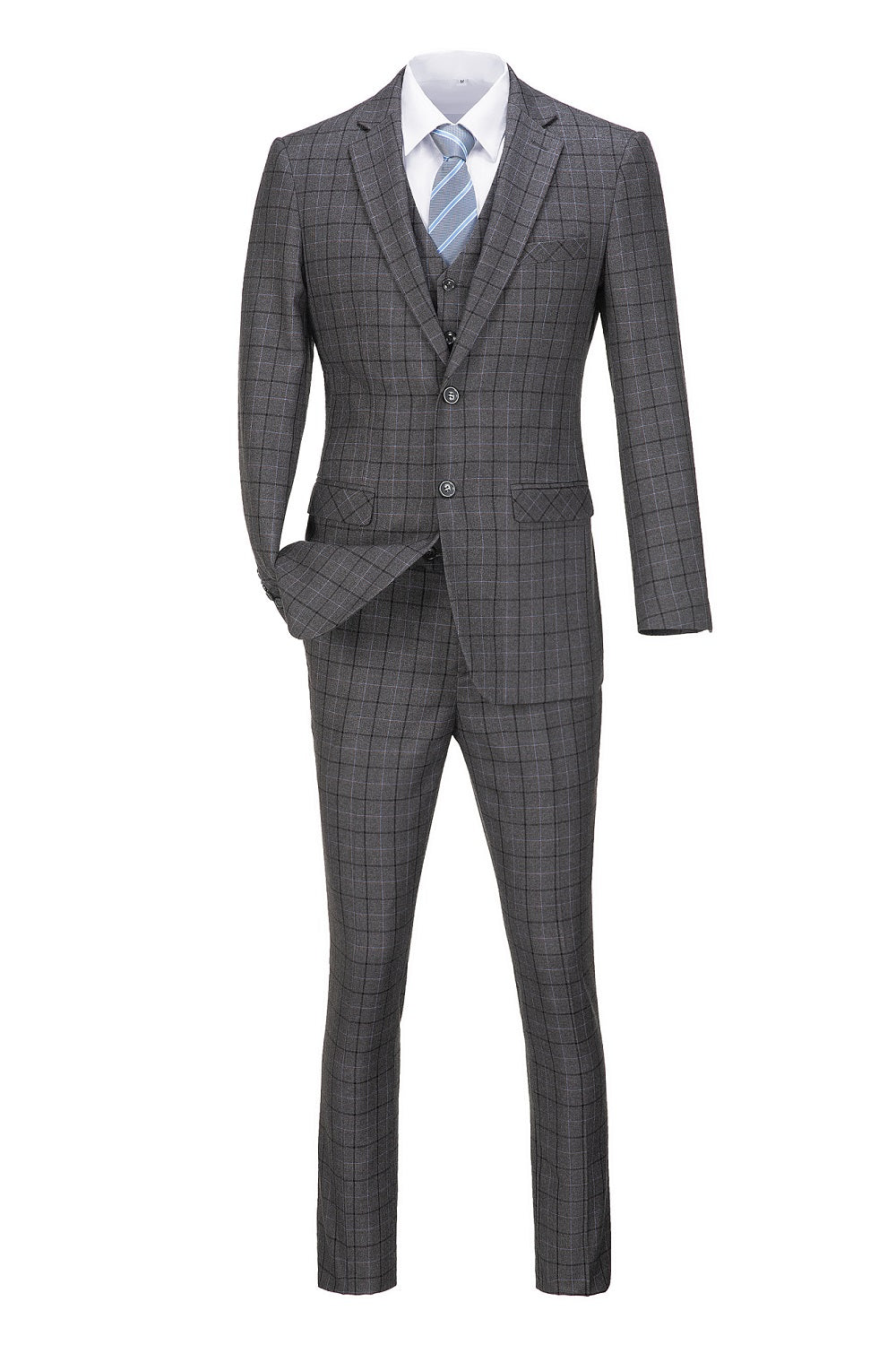 Grey Plaid Men's 3 Piece Set for Party, Wedding and Business