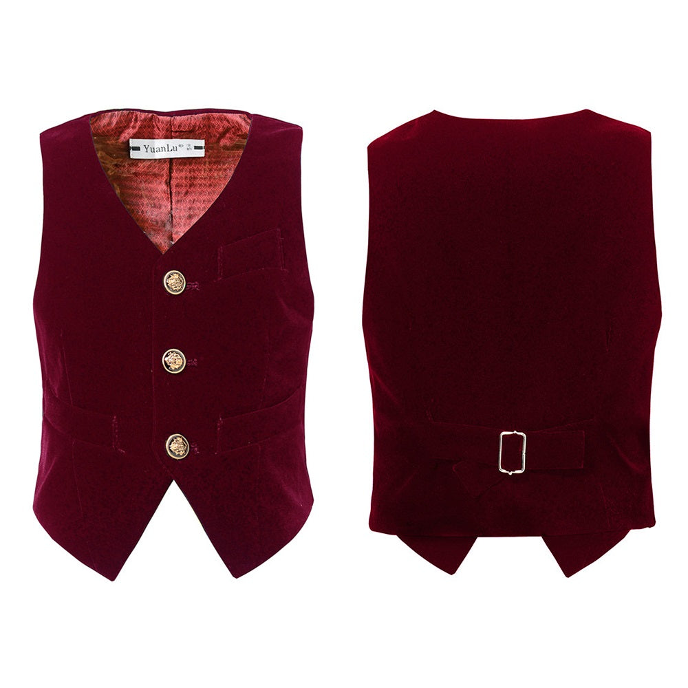 Burgundy Velvet 2 Piece Kids Boys' Vest and Pants Dress Suits Set