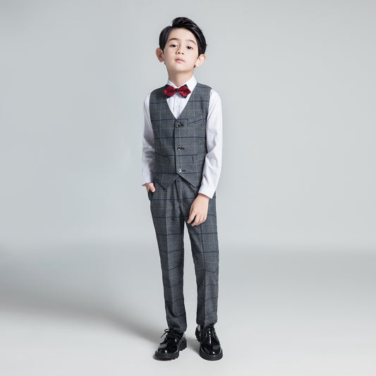 Dark Gray Plaid Fashion 5 Piece Boys Suits