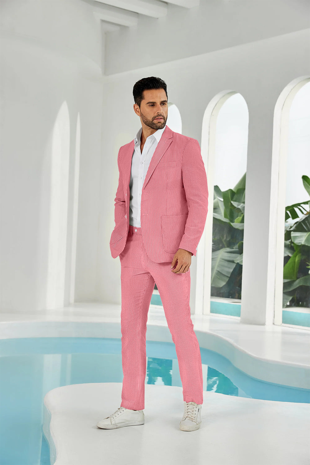 Seersucker Striped Blazer Pants 2 Piece Men's Summer Suit