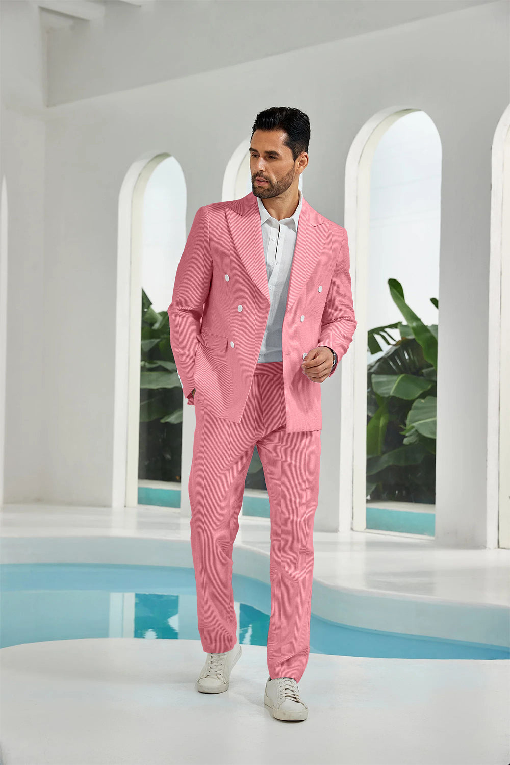 Seersucker Double Breasted Blazer Pants 2 Piece Men's Summer Suit