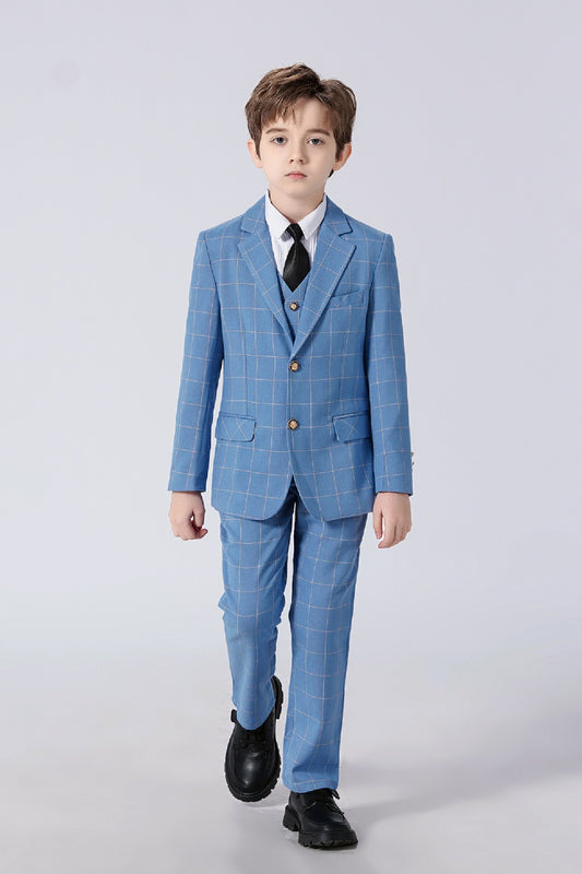 Light Blue Plaid Elegant Formal 5 Piece Boys Suits