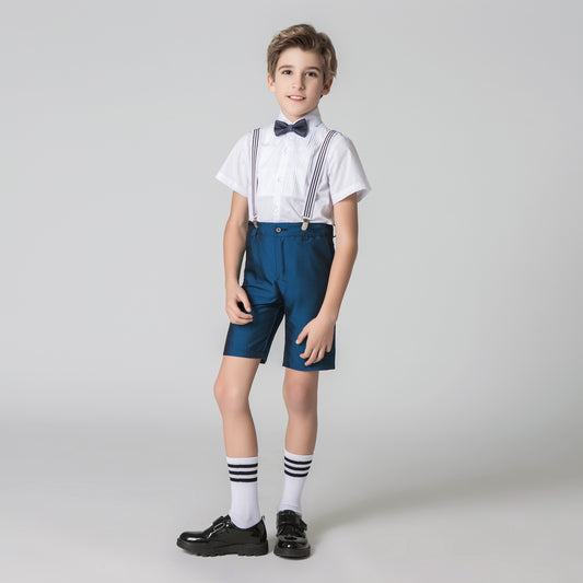 Blue 4 Piece Kids Boys' Formal Party Summer Suits Set With Suspenders