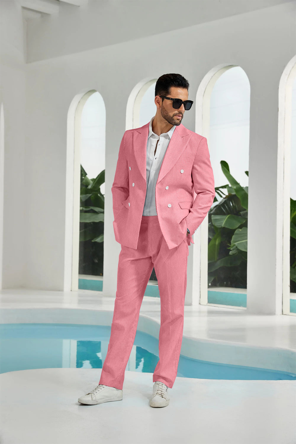 Seersucker Double Breasted Blazer Pants 2 Piece Men's Summer Suit