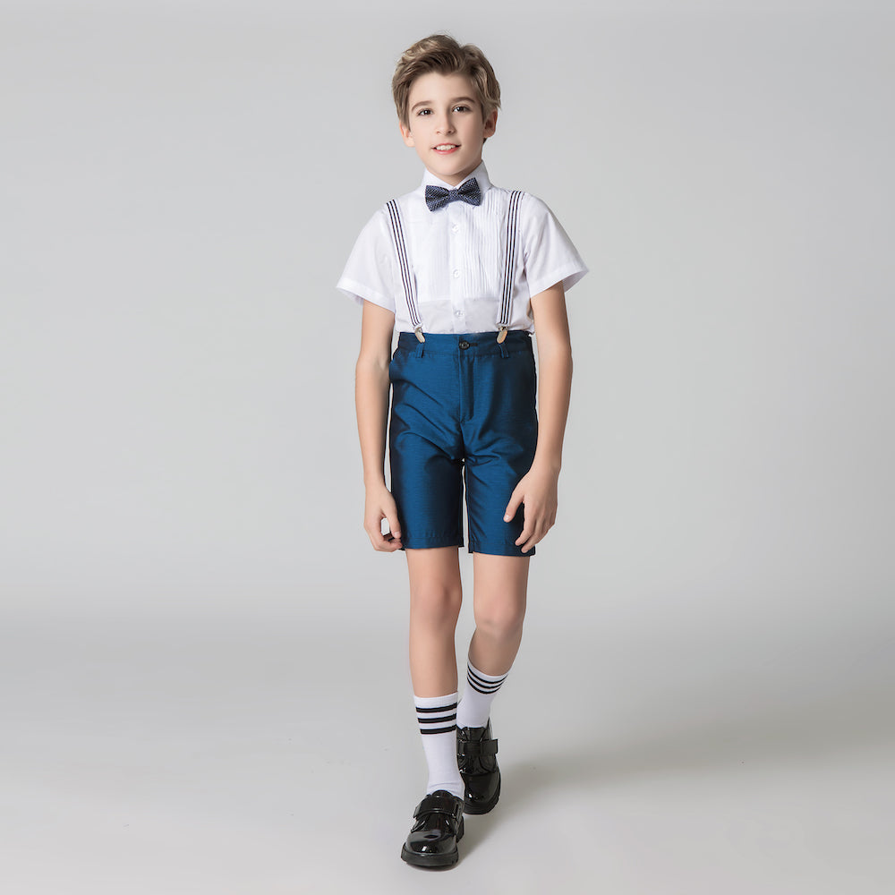 Blue 4 Piece Kids Boys' Formal Party Summer Suits Set With Suspenders