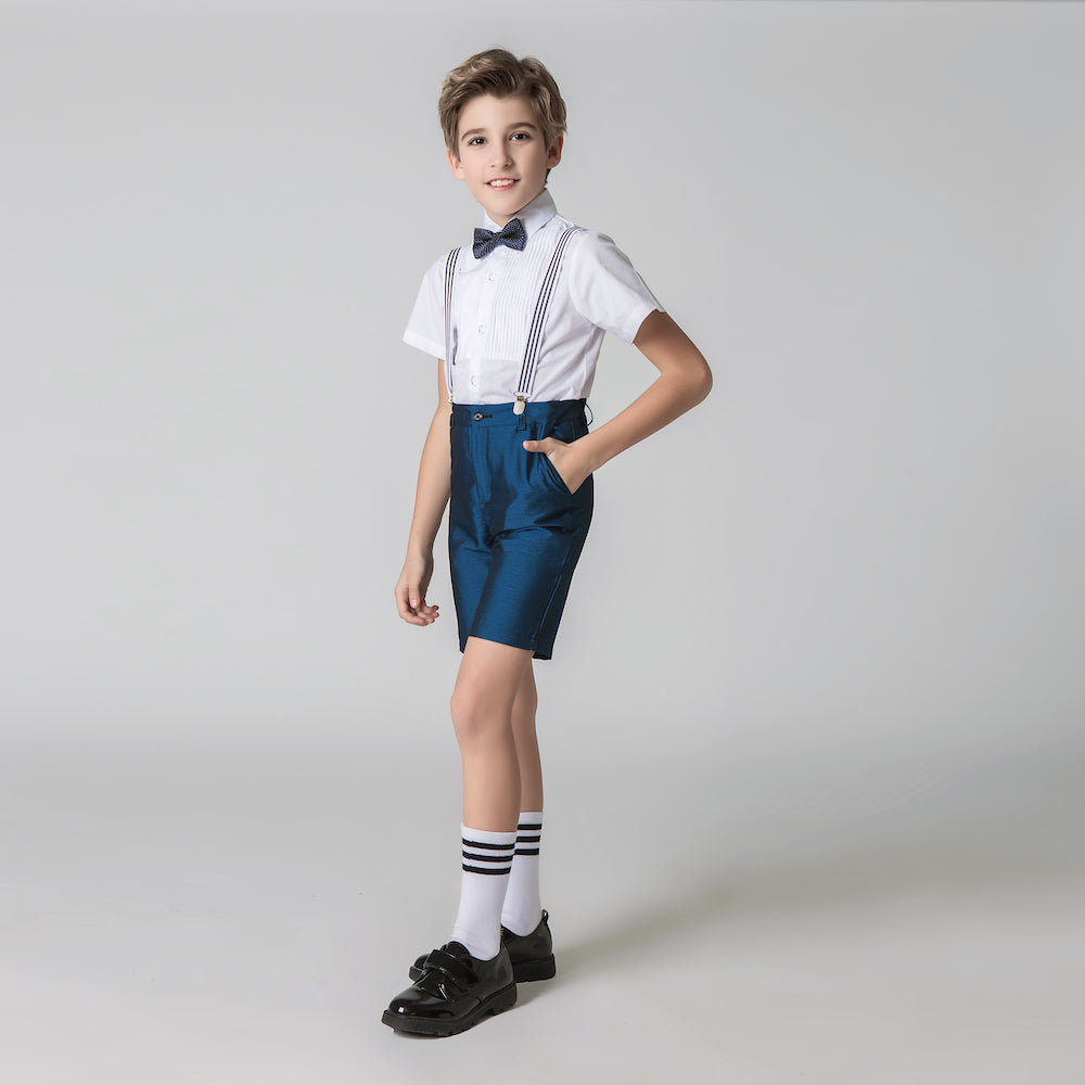 Blue 4 Piece Kids Boys' Formal Party Summer Suits Set With Suspenders