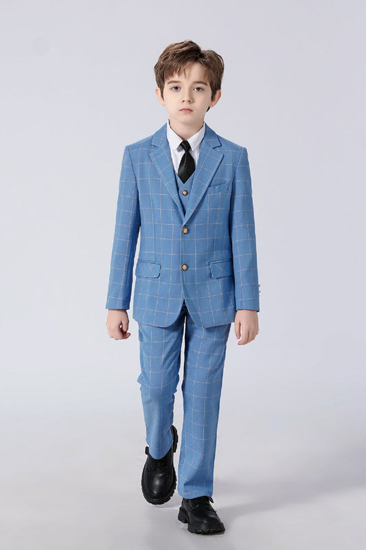 Light Blue Plaid Elegant Formal 4 Piece Boys Suits With Jacket+Pants+Shirt+Tie