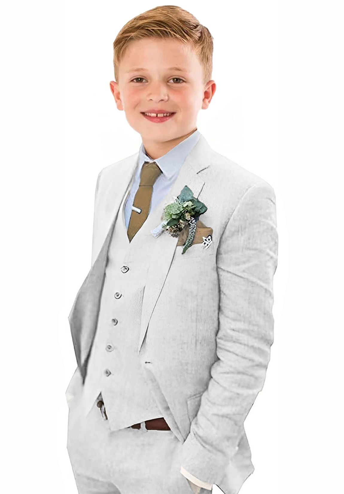 Summer Casual Linen 3 Piece Boys Suit Jacket Vest Pant Set