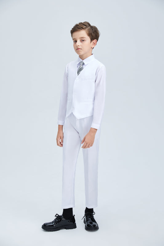 White Slim 4 Piece Boy's Formal Suits With Vest+Pants+Shirt+Tie