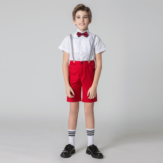 Red 4 Piece Kids Boys' Formal Party Summer Suits Set With Suspenders