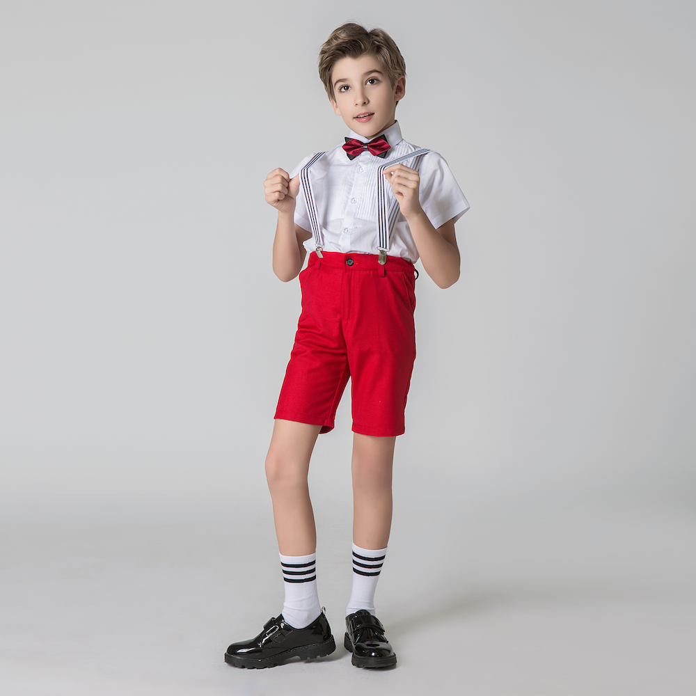 Red 4 Piece Kids Boys' Formal Party Summer Suits Set With Suspenders